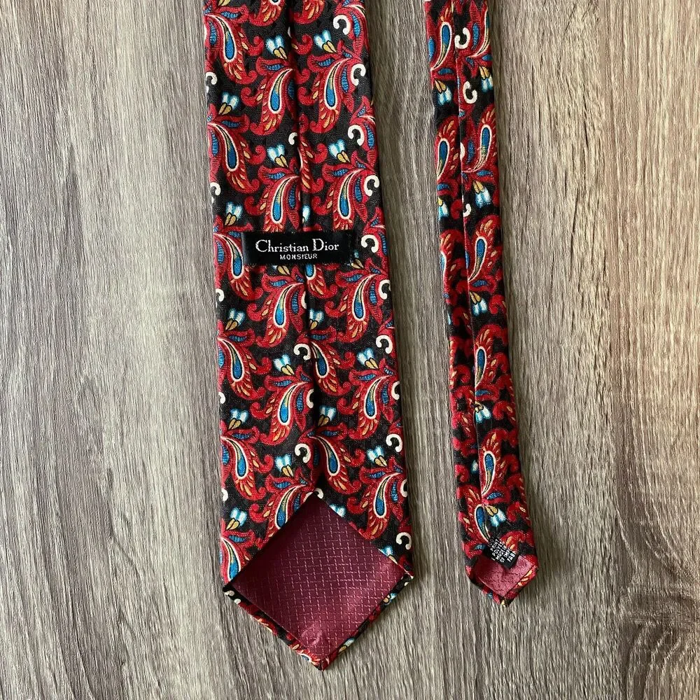 Christian Dior Monsieur Men's Neck Tie Red Black Paisley Polyester Made In USA